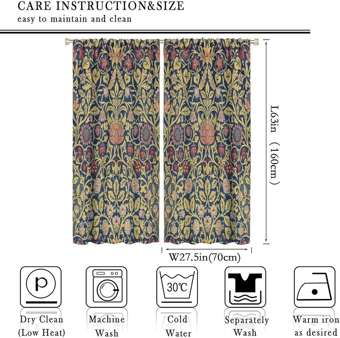 Retro Bohemian William Morris Plant Floral Blackout Window Curtains, Abstract Vintage Country Floral Leaf Pattern Print Window Drapes, for Bedroom Living Room 27.5(W)*63(L) 2 Panels