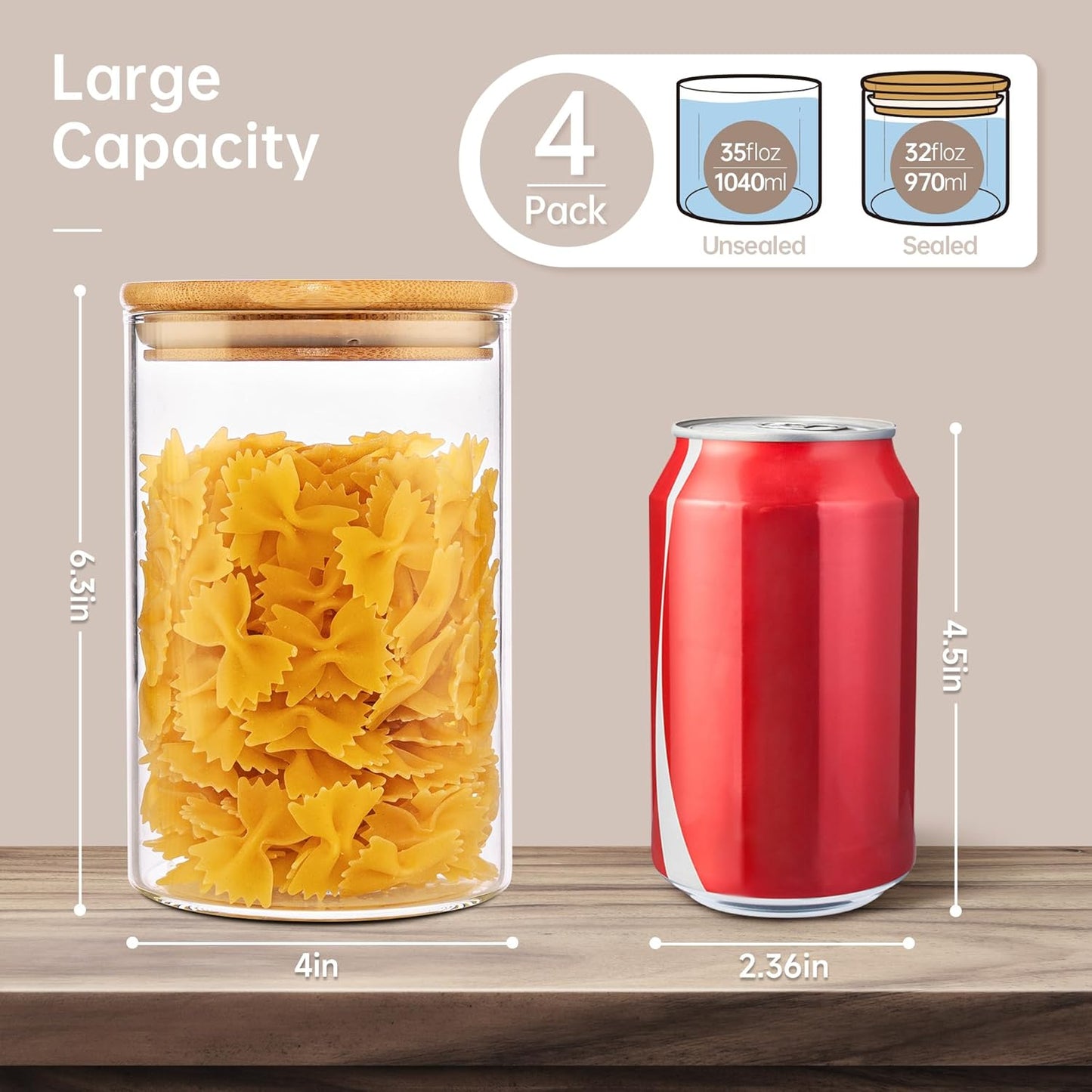 32oz - 4 Pack Glass Jars with Bamboo Lids, Glass Pantry Storage Containers with Airtight Lids, Round Air Tigh Food Storage Canisters for Cereal, Pasta, Flour, Sugar, Rice, Best for Kitchen Organizer