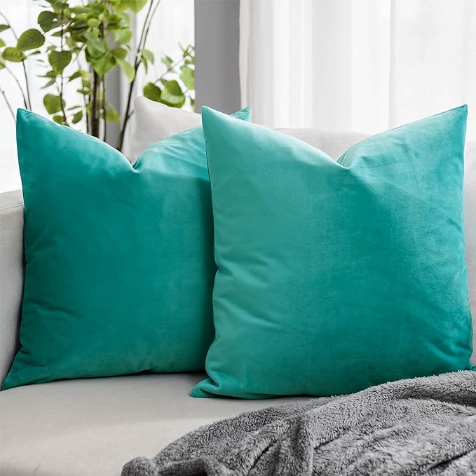 Turquoise Soft Velvet Throw Pillow Covers 28x28 inch Set of 2 for Sofa Couch Bed Living Room Decorative Luxury Solid Square Cushion Covers Case with Zipper