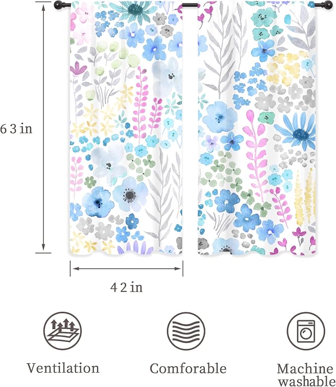Riyidecor Blue Grey Floral Curtains Cute Boho Wildflower Trendy Watercolor Plant Leaves Botanical Rod Pocket Modern Elegant Aesthetic Kids Bedroom Living Room Treatment Fabric 2 Panels 42Wx63H Inch