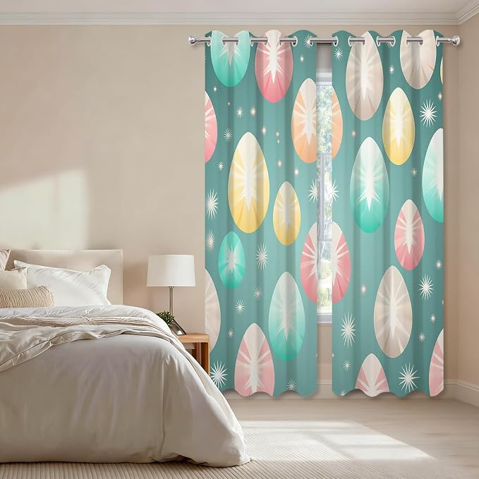Shrahala Easter Eggs Stars Thermal Insulated Blackout Window Curtains, Colorful Easter Egg Pattern Long Drapes for Bedroom/Living Room with Plastic Grommet, 52X63 Set of 2