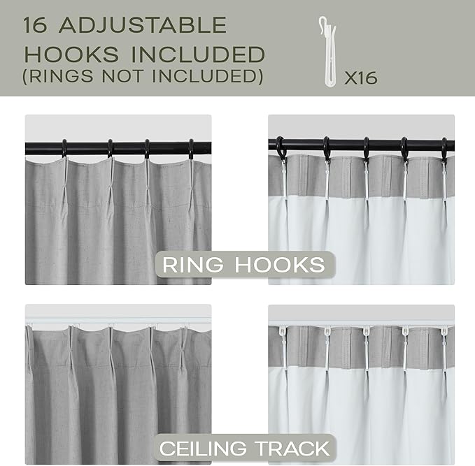 Mrs.Naturall Pinch Pleated Curtains Blackout 96 Inches Long 2 Panel Set,Light Grey Linen Black Out Curtains for Bedroom Windows Living Room