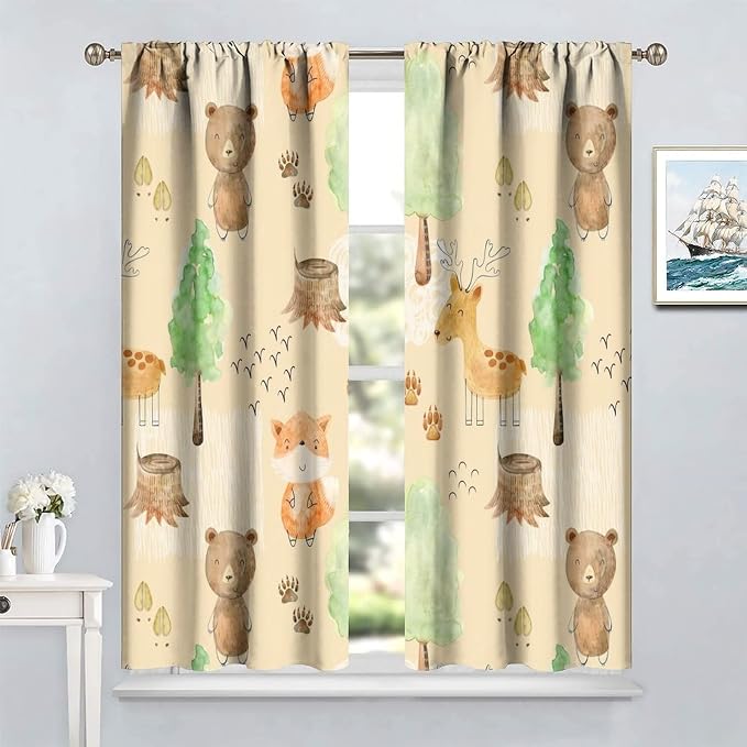 Rustic Animal Curtains, Wild Forest Animal Bear Fox Deer Kids Window Treatments for Living Room Bedroom, Farmhouse Woodland Blackout Drapes 2 Panel Sets, 55x63 Inch
