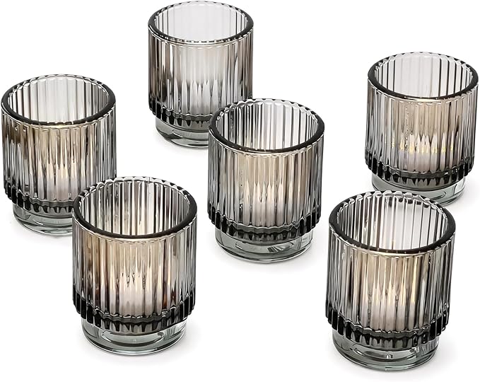 Kate Aspen Ribbed Glass Candle Holder Set - 6 Smoke Gray Tealight Holders for Home, Kitchen, Room or Living Room Decor - Vintage Tea Light Votive Accent for Table or Shelf Styling