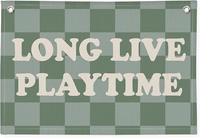 Long Live Playtime Banner, Boy Nursery Decor, Sage Green Blue Canvas Banner Wall Hanging Banner Flag Decor for Nursery Playroom Toddler Room, Boys Kids Room Decor, 26x19 Inch, Beige