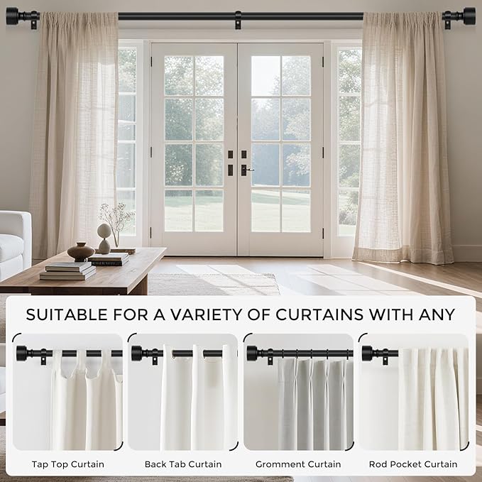 Black Curtain Rods for Windows 28 to 48 Inch(2.3-4ft), 1 Inch Diameter Heavy Duty Curtain Rod, Adjustable Decorative Drapery Poles 18-45", Matte Black