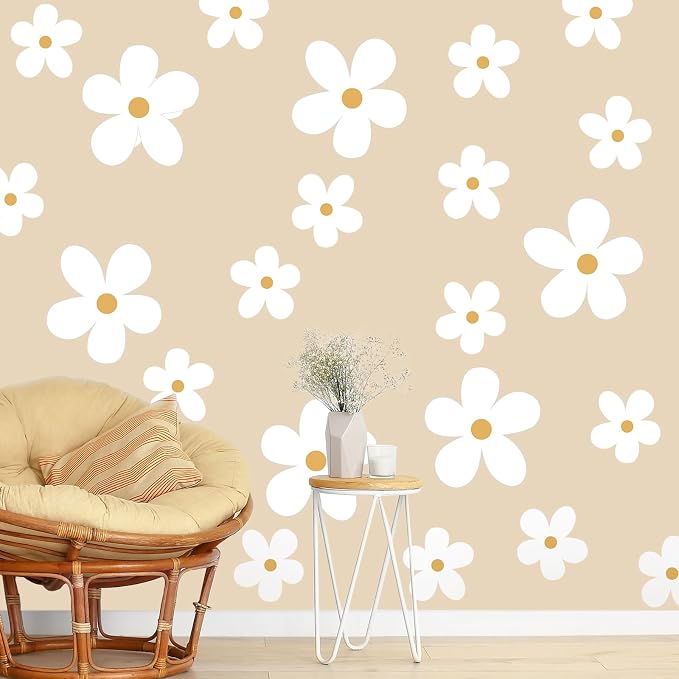 TaoBary 12 Sheet Daisy Wall Sticker Decal Removable Cute Daisy Bedroom Room Decor Flower Wall Sticker Pink White Flower Decal Wallpaper Peel and Stick for Nursery Home(White, Yellow,Stylish Style)
