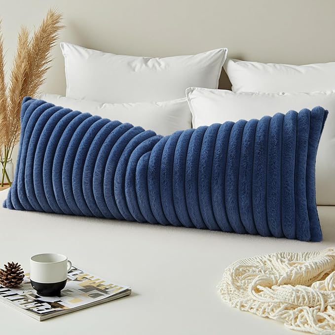 decorUhome Fall Cozy Faux Fur Throw Pillow Covers 14x36 Pack of 1 Decorative Soft Plush Striped Lumbar Coastal Modern Farmhouse Boho Couch Pillow Cases with Velvet Back for Sofa Bed, Navy Blue