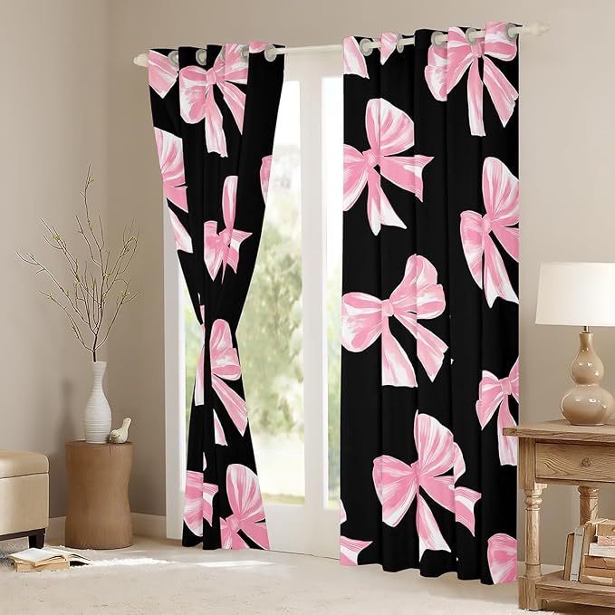 Erosebridal Pink Bow Window Curtain Kawaii Girly Bowknot 38"Wx45"L Curtain For Girls,Dreamy Princess Bow Tie Window Treatments For Kids Teen Women Bedroom Decor,Watercolor Bow Black Curtains & Drapes