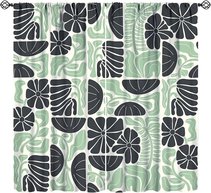 JESTRONRY Mid Century Boho Curtains, Modern Abstract Abstract Geometric Green Floral Pattern Print Blackout Window Door Curtains for Bedroom Living Room Home Decor 42x45in