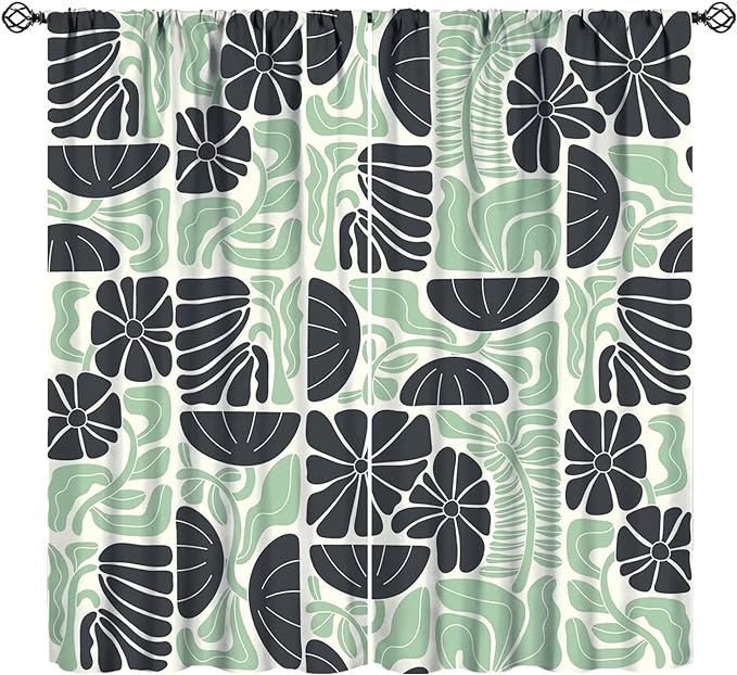 JESTRONRY Mid Century Boho Curtains, Modern Abstract Abstract Geometric Green Floral Pattern Print Blackout Window Door Curtains for Bedroom Living Room Home Decor 42x63in