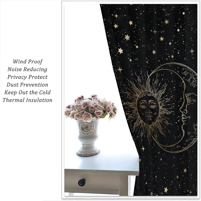 Sun Moon Blackout Windows Curtains, Golden Sun Moon and Stars Black Sky on Bohemian Style Curtains, for Living Room Bedroom 72x63in 2 Panels