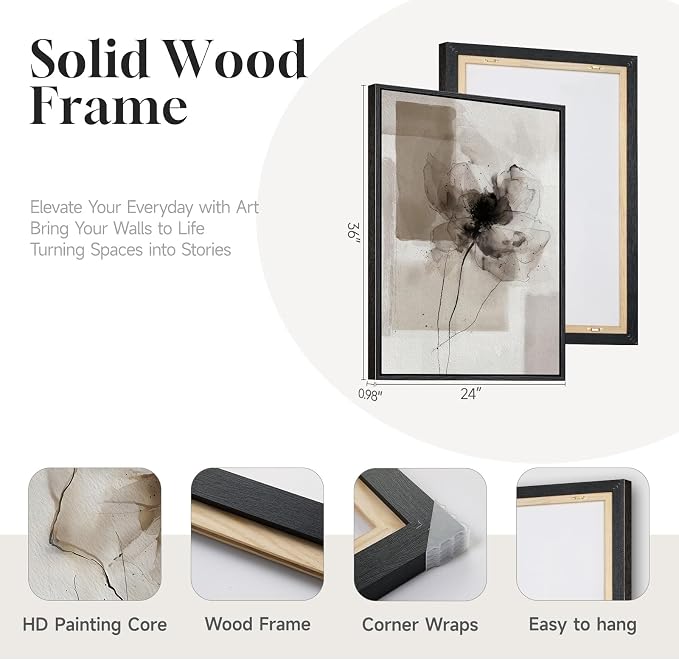 Framed Neutral Abstract Floral Wall Art for Living Room, Set of 2 Black and Brown Canvas Prints Artwork for Walls, Large Modern Minimalist Flower Earthy Pictures Bedroom Hallway Wall Decor, 24x36 Inch