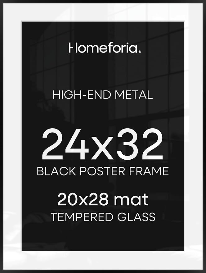 Homeforia 24x32 Poster Frame Black, High End Metal 24 x 32 Large Picture Frames with Mat 20 x 28 for Photo, 24x32 Thin Frame Matted to 20x28 inch Print, 32x24 Frame, Tempered Glass, Wall Kit, Set of 1
