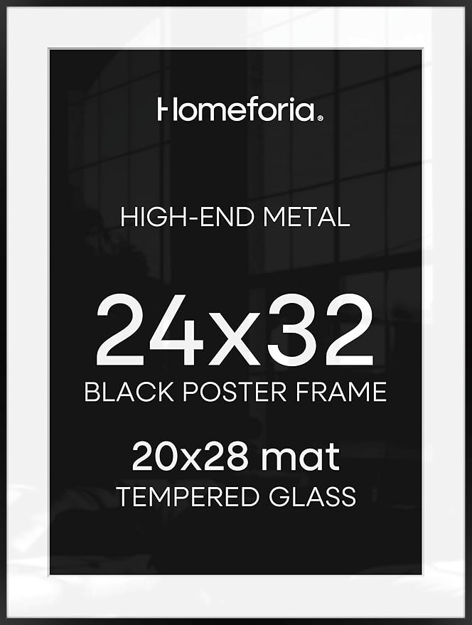 Homeforia 24x32 Poster Frame Black, High End Metal 24 x 32 Large Picture Frames with Mat 20 x 28 for Photo, 24x32 Thin Frame Matted to 20x28 inch Print, 32x24 Frame, Tempered Glass, Wall Kit, Set of 2
