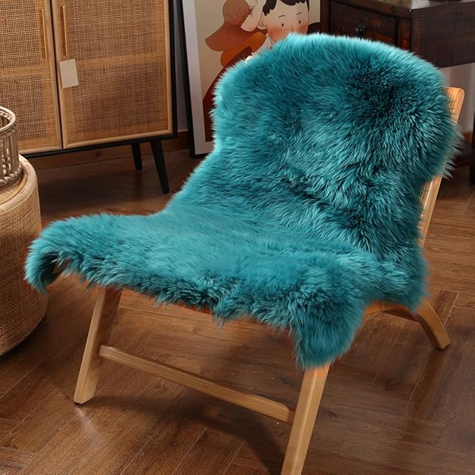 IRIWOOL Premium Genuine Fur Sheepskin Rug Real Australia Sheepskin Natural Luxury Fluffy Lambskin Fur Area Rug Seat Covers for Kids Bedroom Sofa Chair Cover (Dark Aquamarine, Single Pelt/2ft x 3ft)