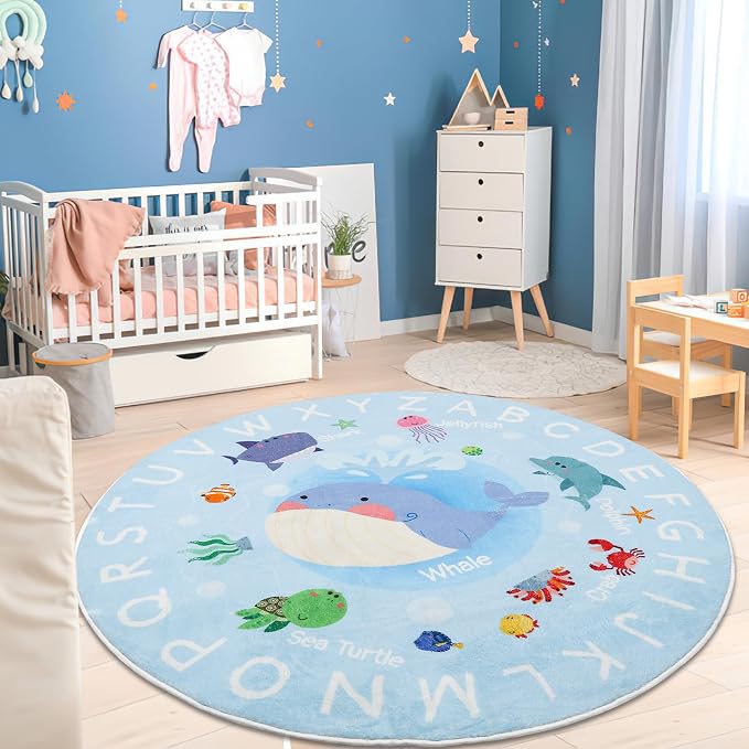 Soft Round ABC Rug for Kids Room,5.2 ft Washable Circle Rug,Non-Slip Whale Alphabet Kids Rug Carpet for Playroom Bedroom Kids Room Decor(for Age 2+)