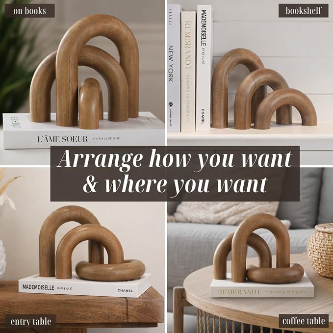 Wooden Arch Decor Set of 3, Scandinavian Japandi Wood Decorative Objects | Japandi Home Decor Accents, Coffee Tables, Bookshelves, Entryways, Console Decorations, Housewarming Gift