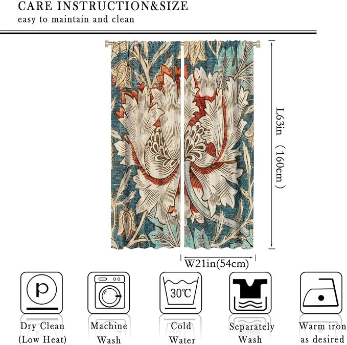 William Morris Plant Floral Blackout Window Curtains, Bohemian Vintage Rustic Flowers William Morris Art Style Window Drapes, for Bedroom Living Room 21(W)*63(L) 2 Panels