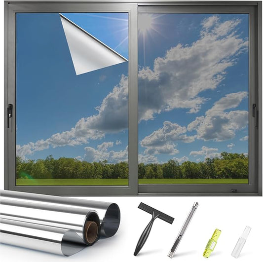 Kromapolis One Way Window Privacy Film Reflective Mirror Home Window Tint, Daytime Privacy Heat Control Anti UV Glass Tinting Static Cling (Silver, 45.2 x 236.2 inch)