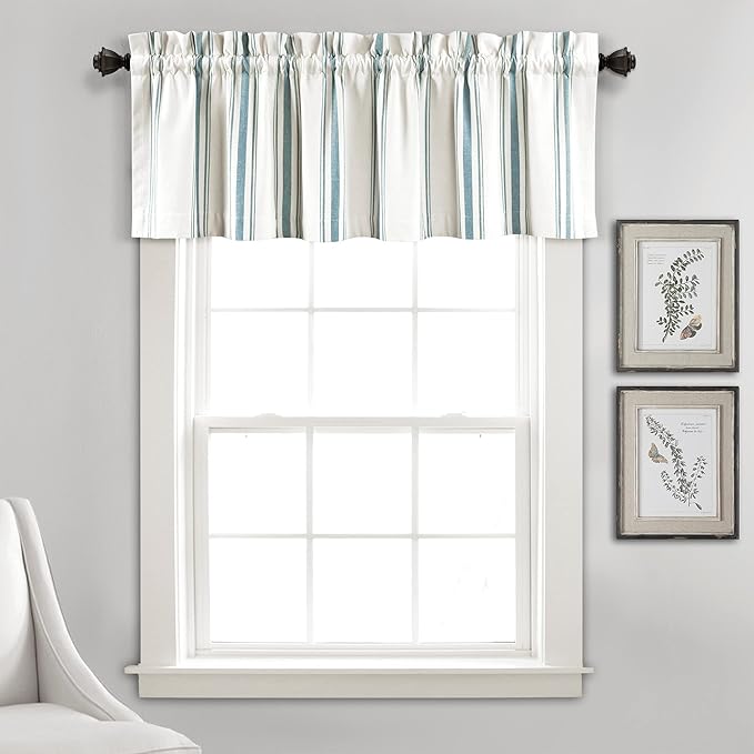 Lush Decor Farmhouse Stripe Yarn Dyed Recycled Cotton Window Curtain Valance, 18" L x 52" W, Blue - Classic Modern Rustic Charm - Eco Friendly Cotton Fabric