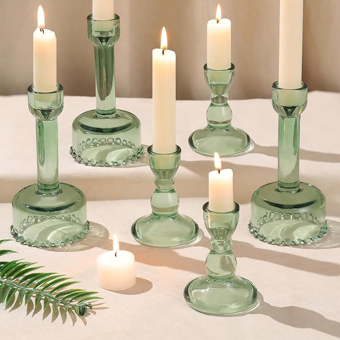 Lanttu 6 Pcs Green Glass Candlestick Holders Taper Candle Holder Bulk | Crystal Candle Holders for Wedding, Table Centerpiece, Home Decoration
