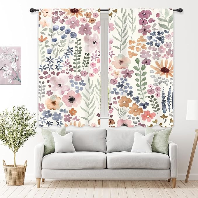 Riyidecor Colorful Floral Curtains Cute Boho Pink Wildflower Trendy Pretty Aesthetic for Girls Rod Pocket Watercolor Plant Leaves Botanical Bedroom Living Room Treatment Fabric 2 Panels 42Wx63H Inch