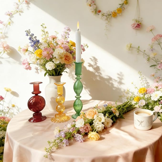 3pcs Glass Candlestick Holders Set of 3 for Decorations Vintage Ball Taper Candle Holder for Valentines Day Wedding Birthday Table Centerpiece