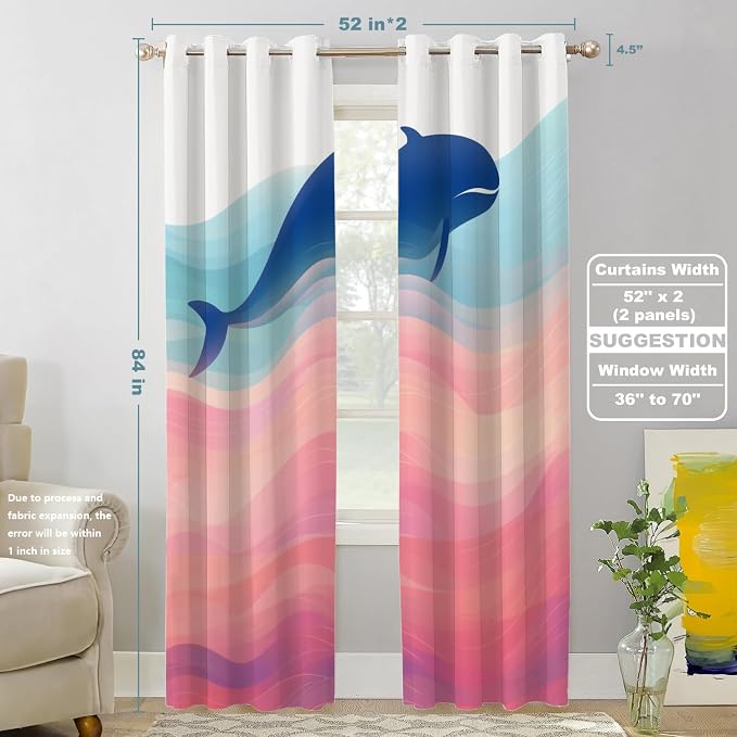 Shrahala Whale Waves Thermal Insulated Blackout Window Curtains, Whale in Colorful Waves Long Drapes for Bedroom/Living Room with Plastic Grommet, 52X84 Set of 2