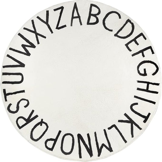 Topotdor Round ABC Area Rug,63 Inch Soft Floor Carpet,White | Washable Alphabet Circle Rug,Non Slip Floor Mat Ideal for Bedrooms,Kids Rooms,Classrooms
