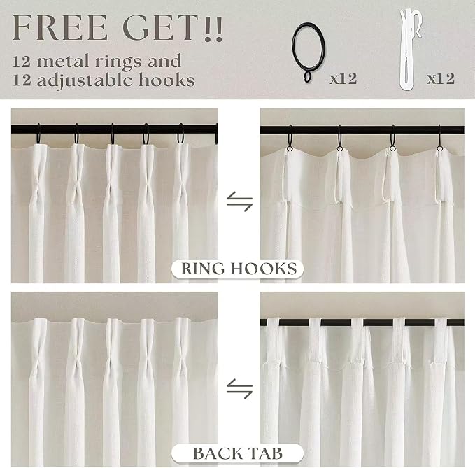 Extra Wide 60 Inch Width Pinch Pleated Curtains 96 Inch Length for Living Room Thick Linen Boho Curtain Memory Shape Light Filtering Privacy for Bedroom Large Windows Hooks Rings Cream 1 Panel 60x96