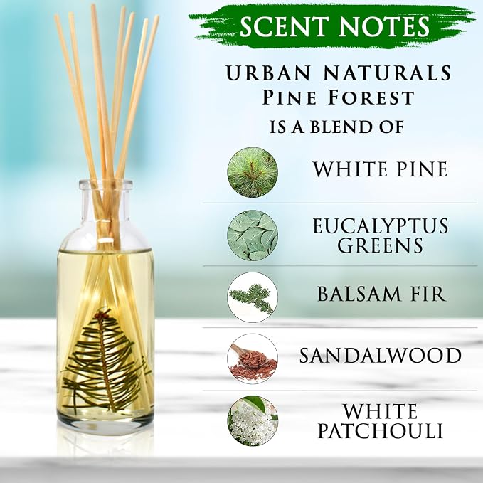 Urban Naturals Reed Diffuser Set, Pine Forest - Bathroom Shelf Décor | White Pine Needles, Eucalyptus and Sandalwood, Christmas Tree Scent, Holiday Decor with Real Pine Branches
