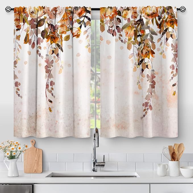 Floral Leaves Kitchen Curtains - Rustic Watercolor Art Plant Flower Botanical Country Nature Short Cafe Tier Curtains Decor for Dining Room Wildflower Rod Pocket Window Drapes 2 Panels Set 28"x24"