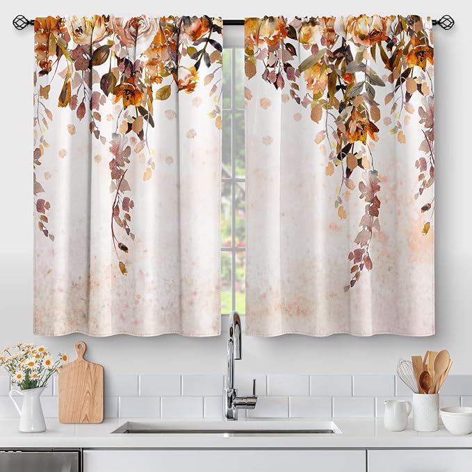 Floral Leaves Kitchen Curtains - Rustic Watercolor Art Plant Flower Botanical Country Nature Short Cafe Tier Curtains Decor for Dining Room Wildflower Rod Pocket Window Drapes 2 Panels Set 28"x30"