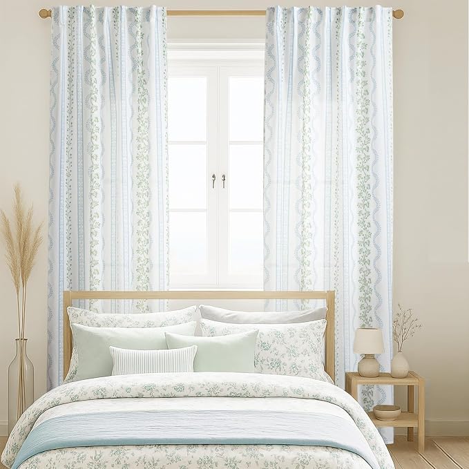 102 Inch Long Blue and Green Floral Curtains for Living Room, Semi Sheer Floor to Ceiling Drapes, Cottage Core Linen Pattern Printed Drapes