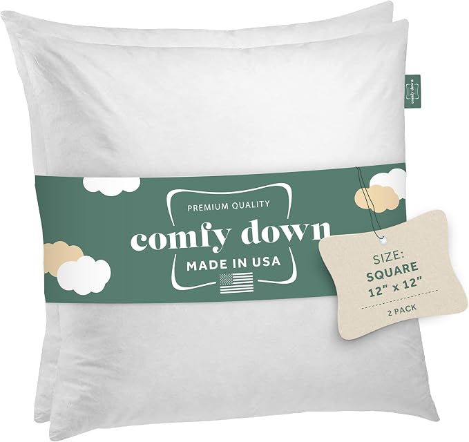 ComfyDown 12x12 Throw Pillow Inserts (Set of 2), Down & Feather Fill, 100% Cotton Cover, Made in USA – Premium Soft Decorative Pillow Forms Sham Stuffers for Bed, Sofa & Couch