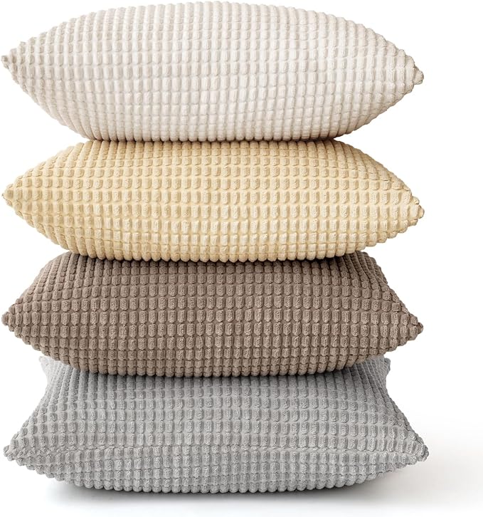 MIULEE Neutral Harmony Decorative Pillow Covers 18x18 Inch Set of 4 | Rustic Farmhouse Boho Soft Throw Pillows Corduroy Couch Pillowcases Nordic Home Decor for Sofa Living Room Bed