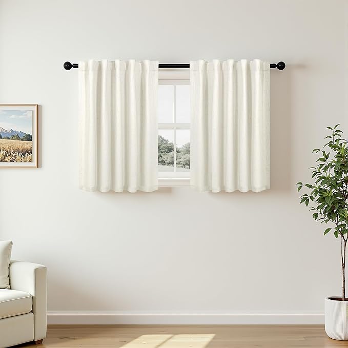 Pitalk Short Linen Blackout Curtains 30 Inch Length for Kitchen Windows Over Sink 42" Wide Cream Ivory Linen Textured Thermal Cafe Drapes for Bedroom Bathroom Back Tab Rod Pocket 2 Panels 42 x 30 Inch