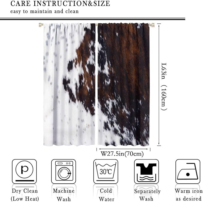 Cow Print Blackout Curtain,Retro Farm Style Animals Brown Cowhide Cow Fur Print Window Treatments Rod Pocket Curtain for Bedroom Living Room Kitchen Decor Drapes 55x63in