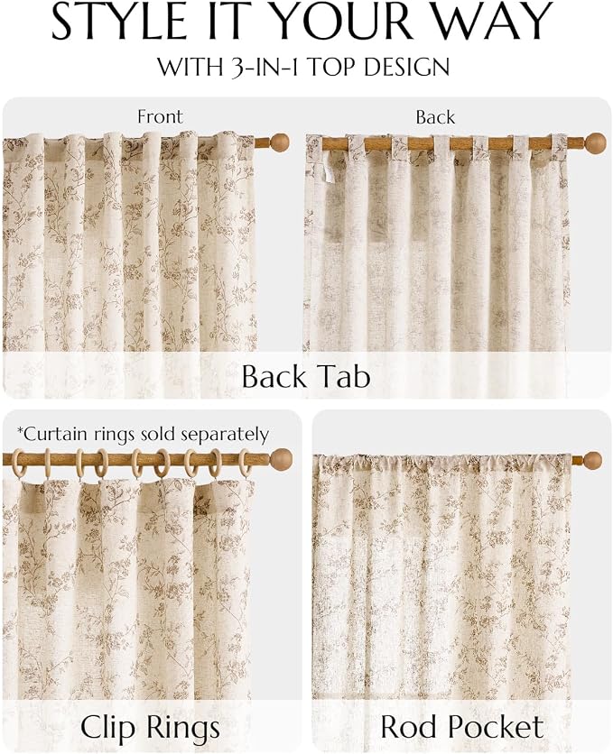 jinchan Taupe Floral Linen Curtains 90 Inch Farmhouse Back Tab 2 Panels | Flower patterned drapes, french country, light filtering, semi sheer, printed, bedroom, living room, office, window treatment