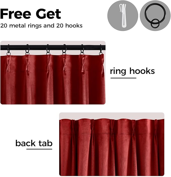 Pinch Pleated Blackout Curtains for Bedroom, Red Velvet Curtains for Living Room, Black Out Curtain 90 inch Long Room Darkening, Blackout Pinch Pleatd Drapes with Hooks 2 Panels