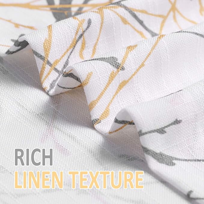 FMFUNCTEX Linen Semi Sheer Curtains for Bedroom, Yellow White Curtains 45 Inches Long for Living Room, Grey Tree Branch Print Curtain Light Filtering Kitchen Window Drapes, Grommet Top 2 Panels