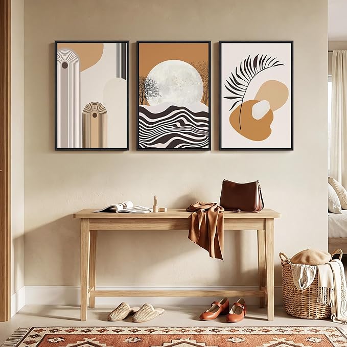 Framed Boho Mid Century Modern Wall Art for Living Room, 3 Piece Large Abstract Canvas Prints Paintings, Orange Earth Tones Moon Botanical Artwork Decor for Bedroom Hallway 16x24 Inch