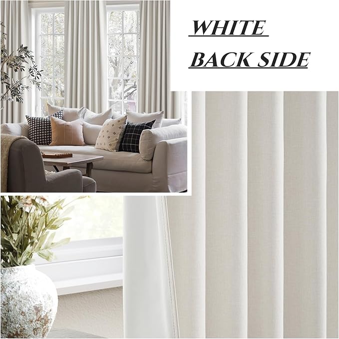 100 Percent Blackout Sliding Glass Door Curtains 120 Inches Long 2 Panels, 10 Foot Theater Floor to Ceiling Track Drape Linen Drop Cloth Traverse Curtains Farmhouse Natural Beige (Hook,Rings Include)