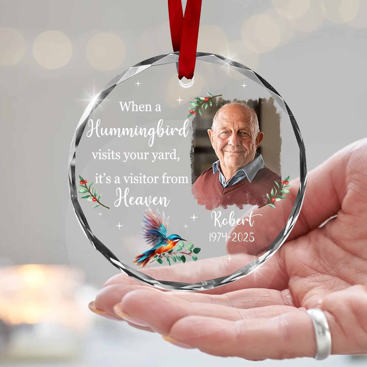 Personalized Memorial Hummingbird Glass Ornament – in Loving Memory of Robert – Custom Name, Birth Year & Passing Year – “When a Hummingbird Visits Your Yard” Memorial Keepsake