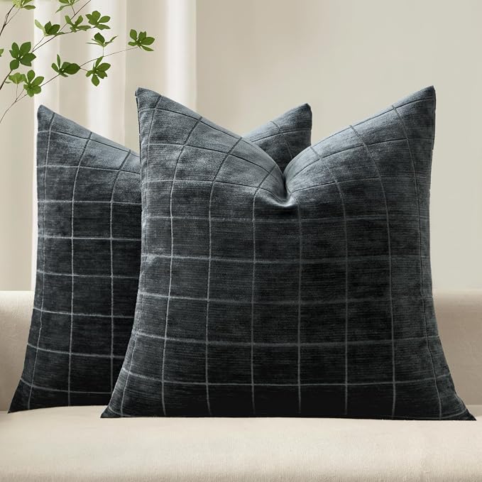 MIULEE Black Plaid Decorative Throw Pillow Covers 24x24 Set of 2 | Vintage Check Chenille Couch Pillows Neutral Boho Farmhouse Cushion Covers Modern Home Decor for Sofa Bed Living Room