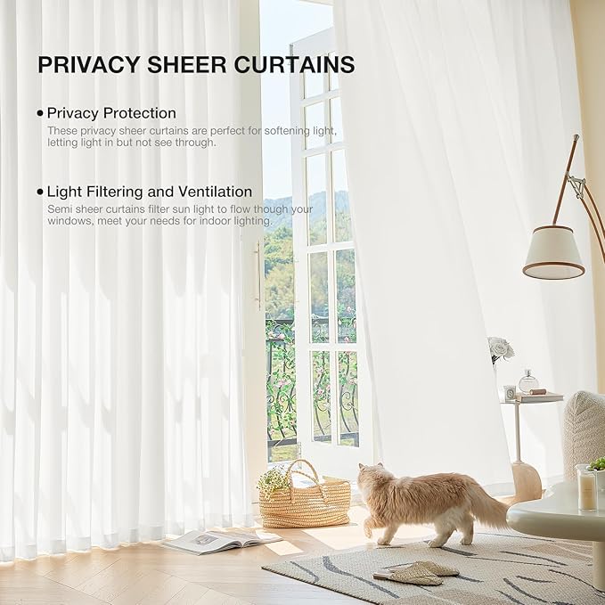 Anmao Non-See-Through Off White Privacy Semi Sheer Curtains for Living Room 80 Inch Length 2 Panels Set, Light Filtering That Let Light in Rod Pocket Window Drapes for Bedroom, 40W x 80L, Ivory White