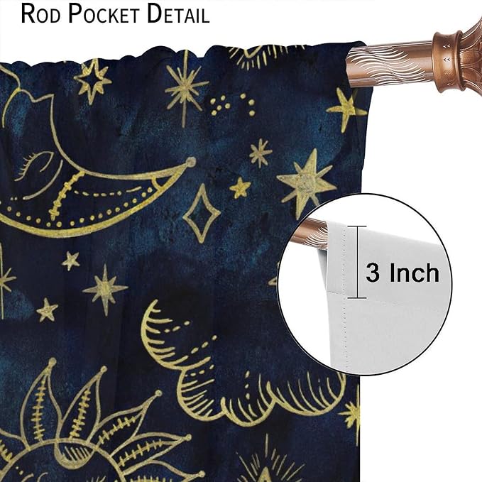 Boho Sun Moon Blackout Window Curtains, Bohemia Theme Sun Moon Stars Print Pattern Rod Pocket Window Drapes, for Living Room Bedroom 72x63in 2 Panels