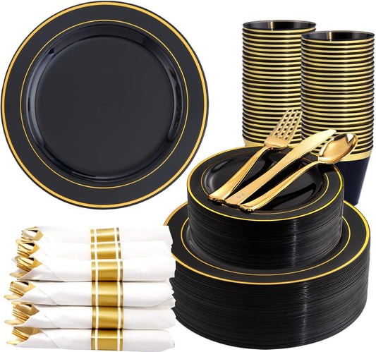 350 Pieces Black and Gold Plastic Plates with Disposable Silverware, Include 50 Dinner Plates 9”, 50 Dessert Plates 6.3”, 50 Black Cups 9 OZ, 50 Pre Rolled Napkins for Halloween new year