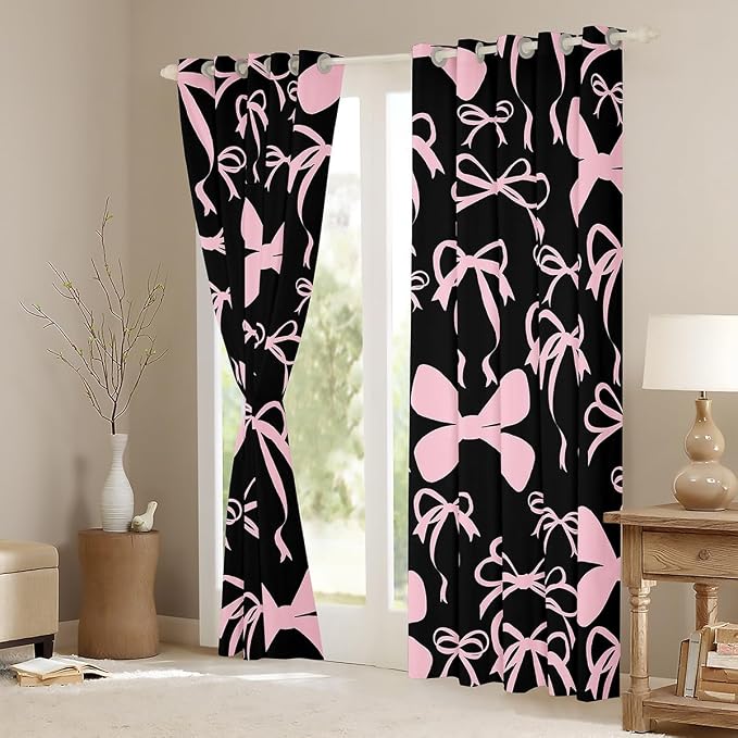 Feelyou Room Darkening Bow Blackout Curtains (2 Panels, 38 x 54 Inch) - Black Pink for Girls Bedroom Living Room, Cute Kawaii Bowknot Window Treatments